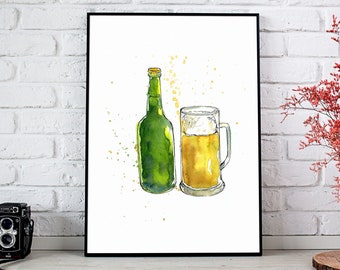 May include: Watercolor painting of a green beer bottle and a glass of beer with a white foam head. The background is white with yellow watercolor splatters.