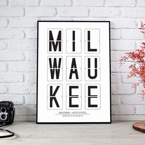 Milwaukee, Wisconsin, VS, Wisconsin afdrukbare muurkunst, stadsnaamkaart coördinaten, minimalistisch typografisch decor, digitale DOWNLOAD