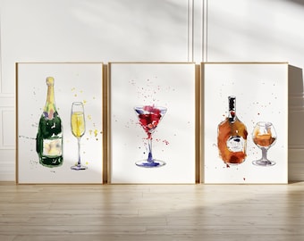 Bar Cart Decor Set Of 6 Alcohol Prints Cocktail Bar Wall Decor, Restaurant Drinks Poster, Cheers Sign Printable Wall Art