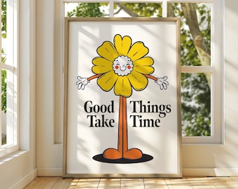 Good Things Retro Quote Print, Cute Cartoon Character Wall Art, Inspirational Saying Poster, Groovy Flower Digital Download, Habit Printable