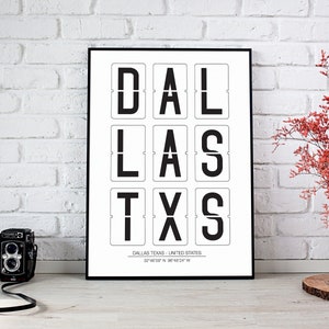 Dallas Texas Airport Code Abflugtafel, Karte von Dallas USA, Stadtdrucke, Dallas Kunst, Stadtkoordinaten, Dallas Kartenkoordinaten