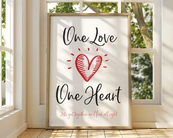 Bob Marley Lyrics, Bob Marley Poster, Bob Marley Print, One Love One Heart, Inspirational Quote, Typography Print *INSTANT DOWNLOAD*