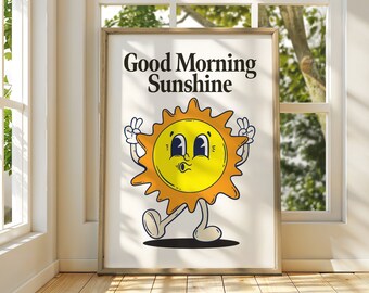 Good Morning Sunshine Fun Retro Character Printable Wall Art, Cute Poster, Here Comes The Sun, 70's Retro Decor, Sunrise Wall Art