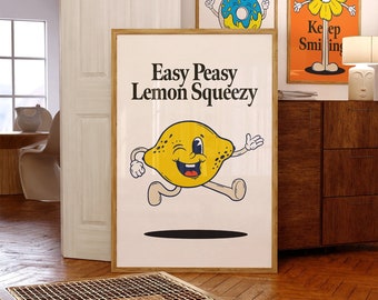 Lemon Retro Wall Art, Easy Peasy Lemon Squeezy Fun Retro Character Printable Wall Art, Cute Poster