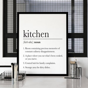 May include: A black and white printable wall art print with a humorous definition of the word "kitchen". The definition reads: "Room containing precious memories of constant culinary disappointment. A place where you eat what's been cooked, or you starve. Central hub for family complaints. Storage area for dirty dishes."