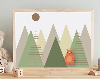 Arte mural imprimible para guardería / decoración de guardería / arte mural de guardería / arte de pared de oso / arte forestal / género neutro / descarga digital