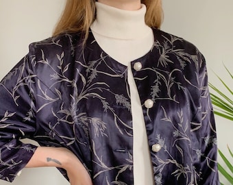 Good Times vintage 80s deep blue satin blazer embroidered flowers and plants size 14