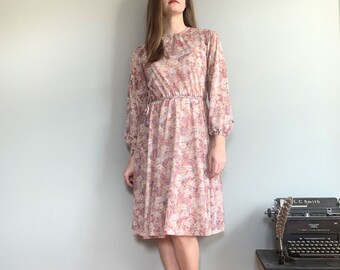 Route One vintage 70s sheer pink floral long sleeve a-line dress size 8