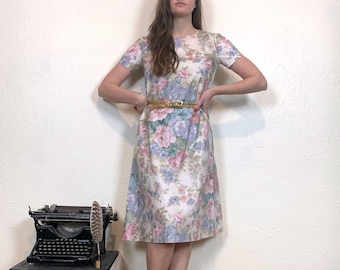 Handmade vintage 80s muted pink tan and blue floral midi short sleeve dress