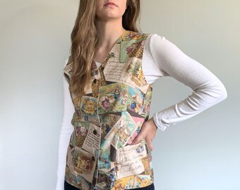 Carol Antone retro fabric vest provincial French Victorian scenes cats size M