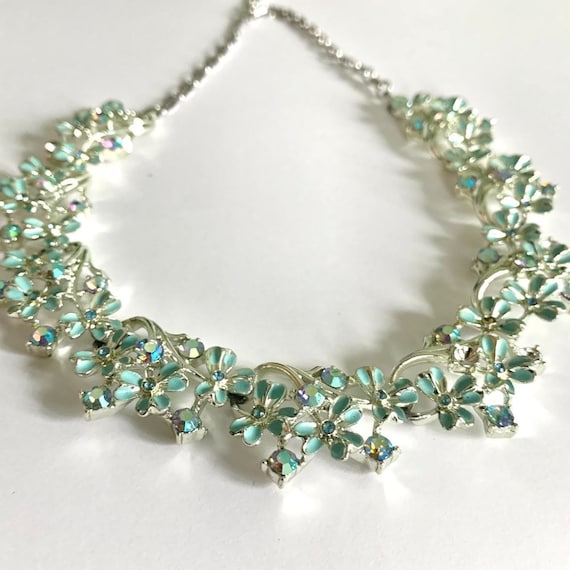 Vintage silver tone blue flower rhinestone neckla… - image 1