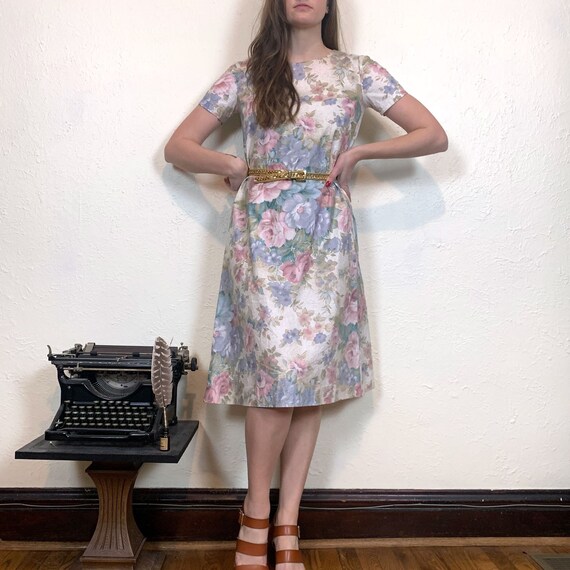 Handmade Vintage 80s Muted Pink Tan and Blue Floral Midi Short Sleeve Dress Etsy UK