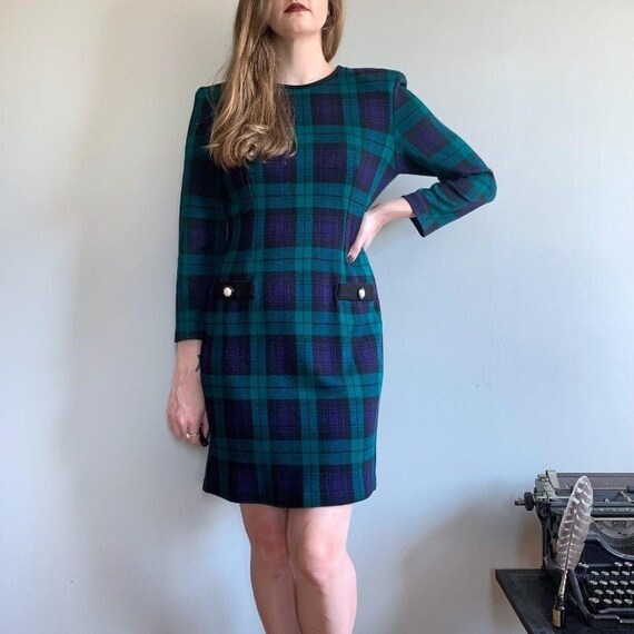 Paquette Too! Vintage 80s Green Plaid Long Sleeve Sweater Dress Size 8