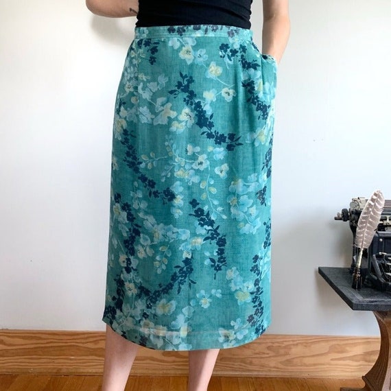 Vintage 90s Pendleton blue floral plus size skirt… - image 1