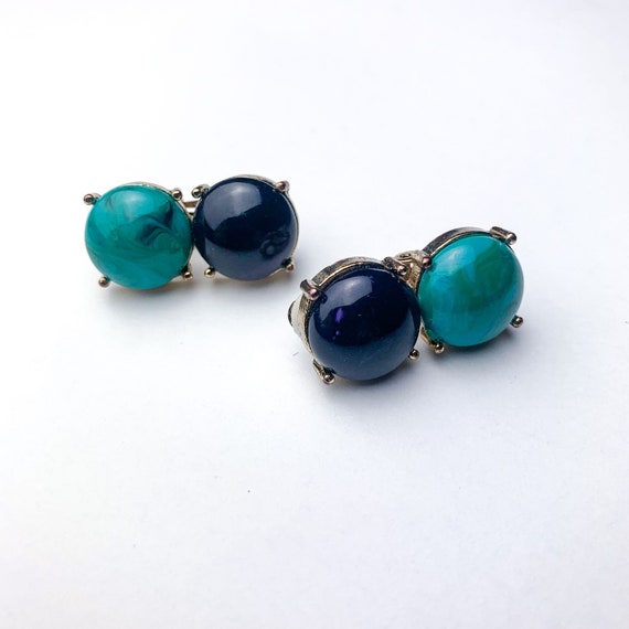 Vintage 80s dark navy and turquoise marbled gemst… - image 1