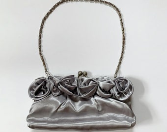 Vintage 80s satin gray hand bag with chain strap rosettes