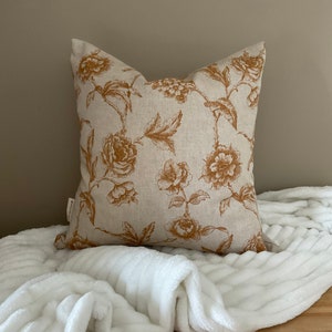 Burnt orange floral linen cushion pillow cover 18” x 18” 45cm x 45cm 16" x 16" 40cm country farmhouse