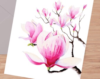Pink watercolor magnolia flowers postcard