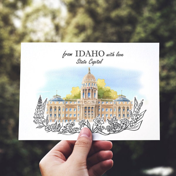 Idaho State Capitol watercolor postcard, Boise postcard, Idaho postcard