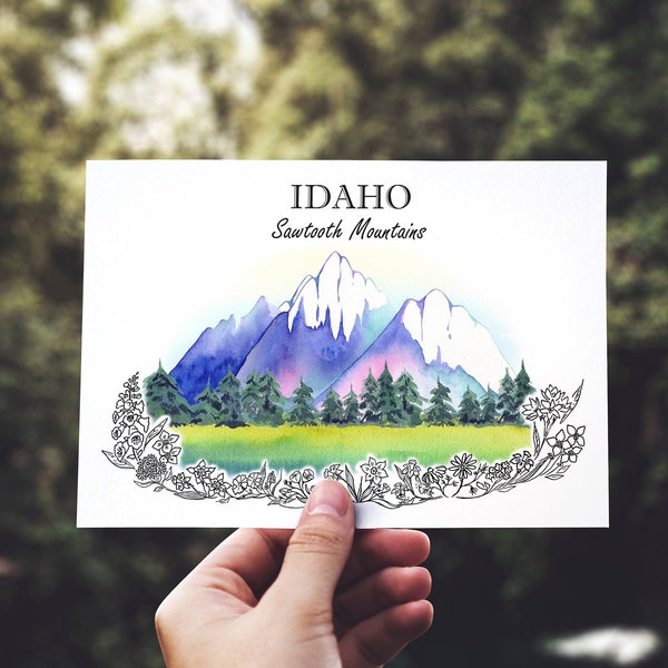 Sawtooth mountains watercolor postcard, Boise postcard, Idaho postcard