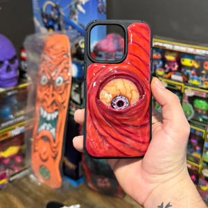 Creepy Eyeball Phone Case, Handmade Horror Phone Cover, Halloween Monster Eye, Gothic Scary Art Gift, Goth Aesthetic, OOAK, Glow in the dark image 13