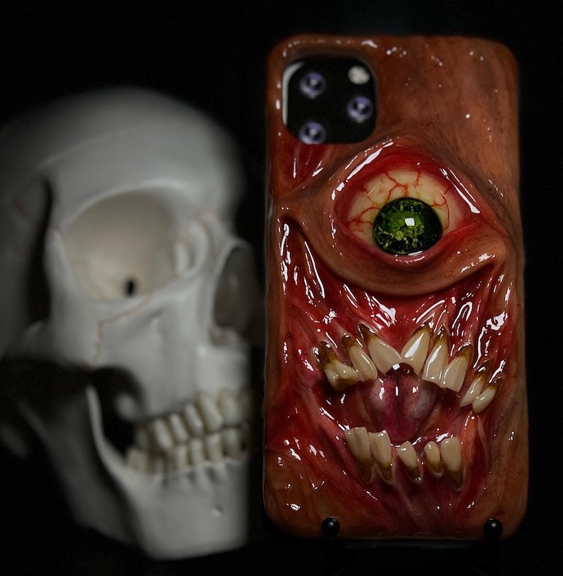 OOAK Horror Phone Case, Creepy Monster Eye & Teeth Phone Cover, Glow in Dark Eyeball, Halloween Case, Artist Choice Hand Made image 7