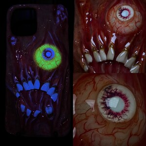 OOAK Horror Phone Case, Creepy Monster Eye & Teeth Phone Cover, Glow in Dark Eyeball, Halloween Case, Artist Choice Hand Made image 6