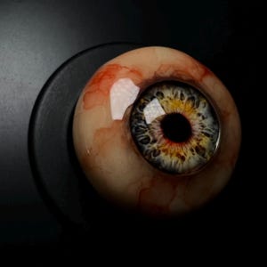Puede incluir: Un globo ocular realista pintado a mano con un iris marrón y una esclerótica gris. El globo ocular está pintado con venas rojas y naranjas, lo que le da un aspecto realista y ligeramente inquietante.