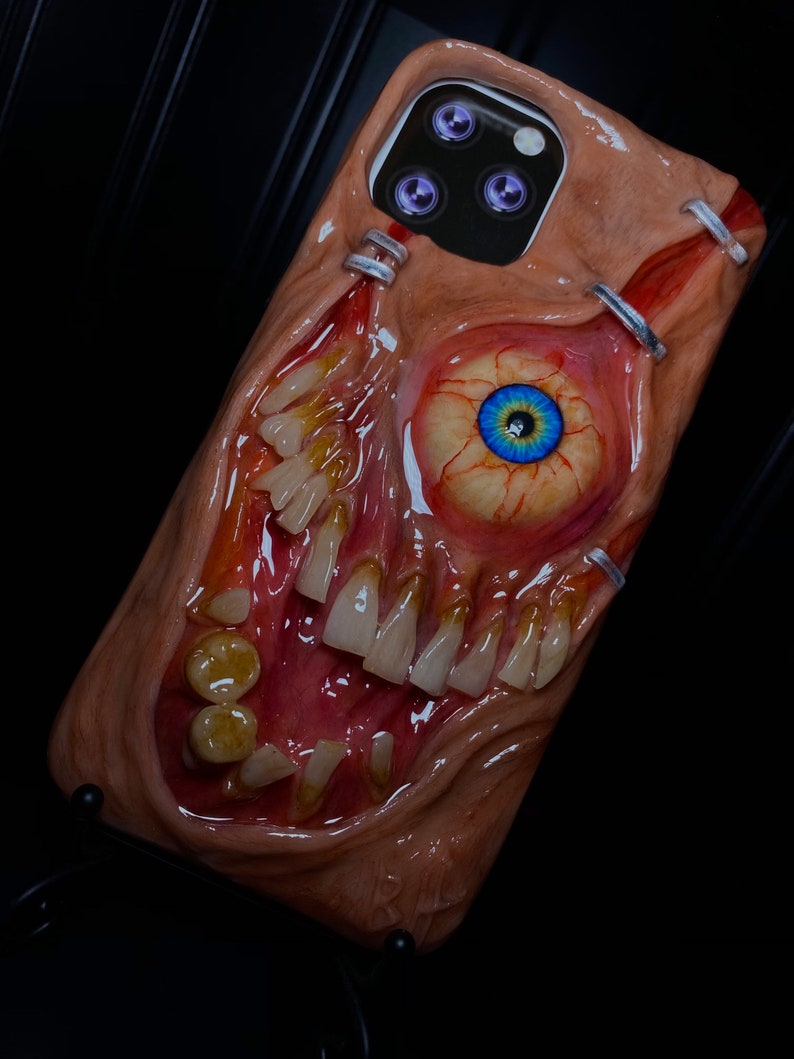 OOAK Horror Phone Case, Creepy Monster Eye & Teeth Phone Cover, Glow in Dark Eyeball, Halloween Case, Artist Choice Hand Made image 9