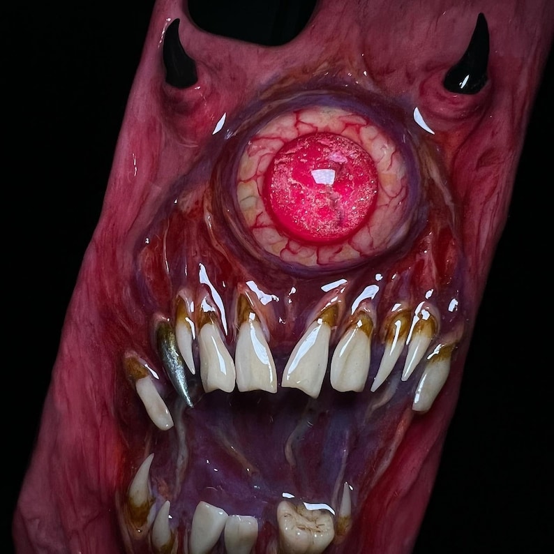 OOAK Horror Phone Case, Creepy Monster Eye & Teeth Phone Cover, Glow in Dark Eyeball, Halloween Case, Artist Choice Hand Made image 4
