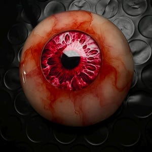 May include: A spherical object resembling a human eyeball with a deep red iris and a black pupil. The sclera is off-white with prominent, realistic red blood vessel patterns spreading outward from the center, creating a highly detailed appearance.