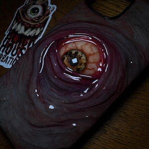 Creepy Eyeball Phone Case, Handmade Horror Phone Cover, Halloween Monster Eye, Gothic Scary Art Gift, Goth Aesthetic, OOAK, Glow in the dark image 3