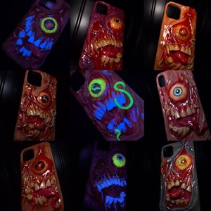 OOAK Horror Phone Case, Creepy Monster Eye & Teeth Phone Cover, Glow in Dark Eyeball, Halloween Case, Artist Choice Hand Made image 2