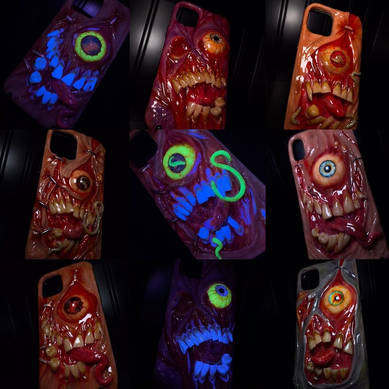 OOAK Horror Phone Case, Creepy Monster Eye & Teeth Phone Cover, Glow in Dark Eyeball, Halloween Case, Artist Choice Hand Made image 2