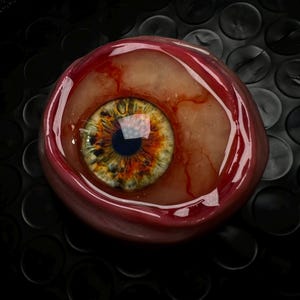 May include: A realistic, circular sculpture of a human eye with a detailed iris featuring shades of green, yellow, and brown. The eye is surrounded by glossy, deep red tissue with visible vein-like textures, creating a lifelike, anatomical appearance.