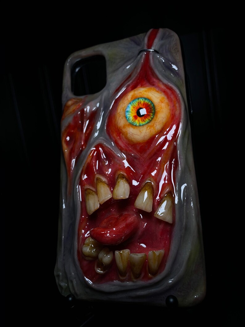 OOAK Horror Phone Case, Creepy Monster Eye & Teeth Phone Cover, Glow in Dark Eyeball, Halloween Case, Artist Choice Hand Made image 8