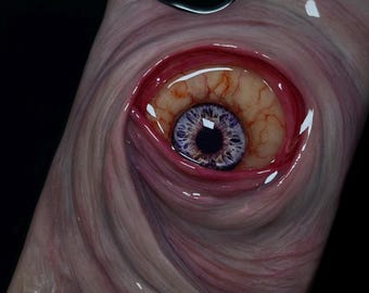 Creepy Eyeball Phone Case, Handmade Horror Phone Cover, Halloween Monster Eye, Gothic Scary Art Gift, Goth Aesthetic, OOAK, Glow in the dark