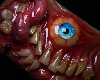 OOAK Horizontal Horror Phone Case, Creepy Monster Eye & Teeth Phone Cover, Glow in Dark Eyeball, Halloween Goth, Artist Choice Hand Made