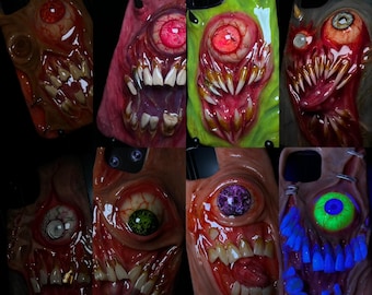 OOAK Horror Phone Case, Creepy Monster Eye & Teeth Phone Cover, Glow in Dark Eyeball, Halloween Case, Artist Choice Hand Made