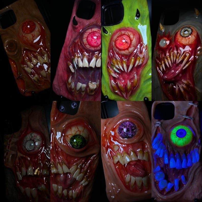 OOAK Horror Phone Case, Creepy Monster Eye & Teeth Phone Cover, Glow in Dark Eyeball, Halloween Case, Artist Choice Hand Made image 1