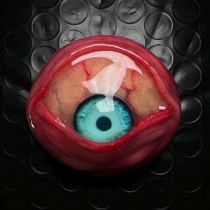 May include: A realistic sculpture of a human eye with a bright blue iris and a dark pupil. The surrounding sclera is off-white with visible red veins, encased in a glossy, rounded, reddish-pink eyelid structure that appears wet and lifelike.