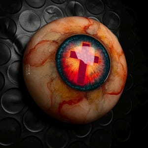 May include: A round, glossy object resembling a human eyeball with a cream-colored sclera featuring red, vein-like streaks. The center iris is a deep blue, surrounding a bright red pupil that contains a prominent, dark red cross symbol.