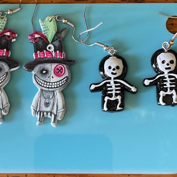 Halloween Small Skeleton Pair of Pierced Earrings Polymer Clay Hand Painted Dangle 1”in to 1.5” inches Acrylic Double Sided Your Choice