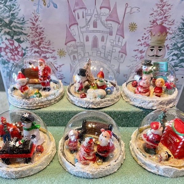 Miniature Christmas Snow Globes Dollhouse Frosty Santa Snowman Snowflakes Gift Giving Villages Mailman Tree Plastic Handmade by Me