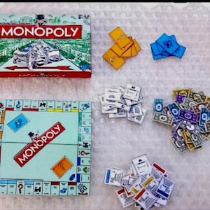Handmade dollhouse Miniature Money Game set Board Game with Dice money train property cards tokens 1:6 scale doll size plus bonus gift