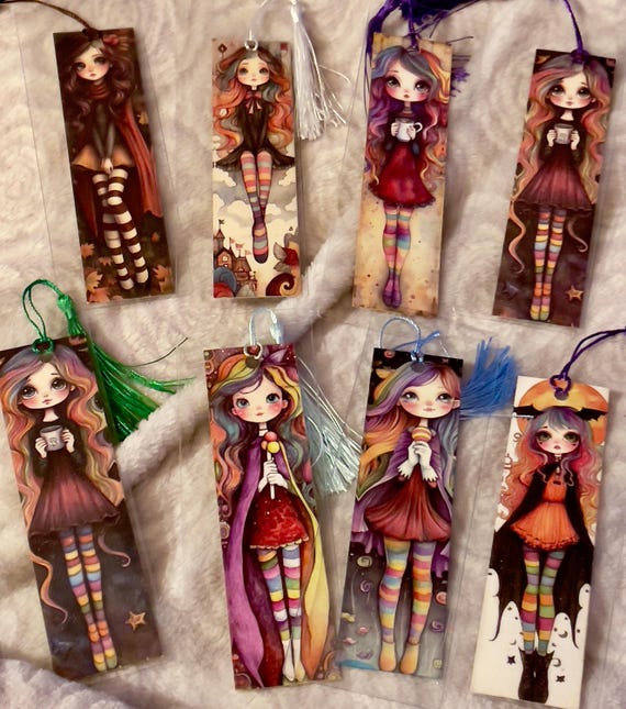 1 Handmade Halloween Witches girls big eyes bookmark very vibrant colors comes with plastic cover and tassel double sided heavy card stock