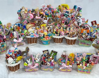 18” Doll Miniature Easter Filled Baskets,*Non Edible Faux Candy Toys, pretend, unicorns Bears Eggs Rabbit 18” Doll Size All Items are Glued