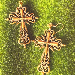Gold Cross Dangling Earrings 2.5” Inches Long 1 pair handcrafted large wire hook Easter Christmas Birthday Gift Giving