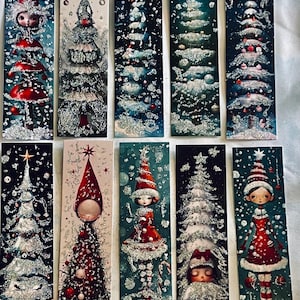 May include: Ten rectangular bookmarks featuring vertical illustrations of Christmas trees and stylized figures in red, white, and green. The designs include snowy textures, glittery accents, and star toppers against dark blue, black, and cream backgrounds.