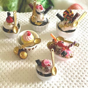 Handmade Dollhouse Miniature Valentines Sundea with golden spoon non edible chocolate cherries lollipops all attached